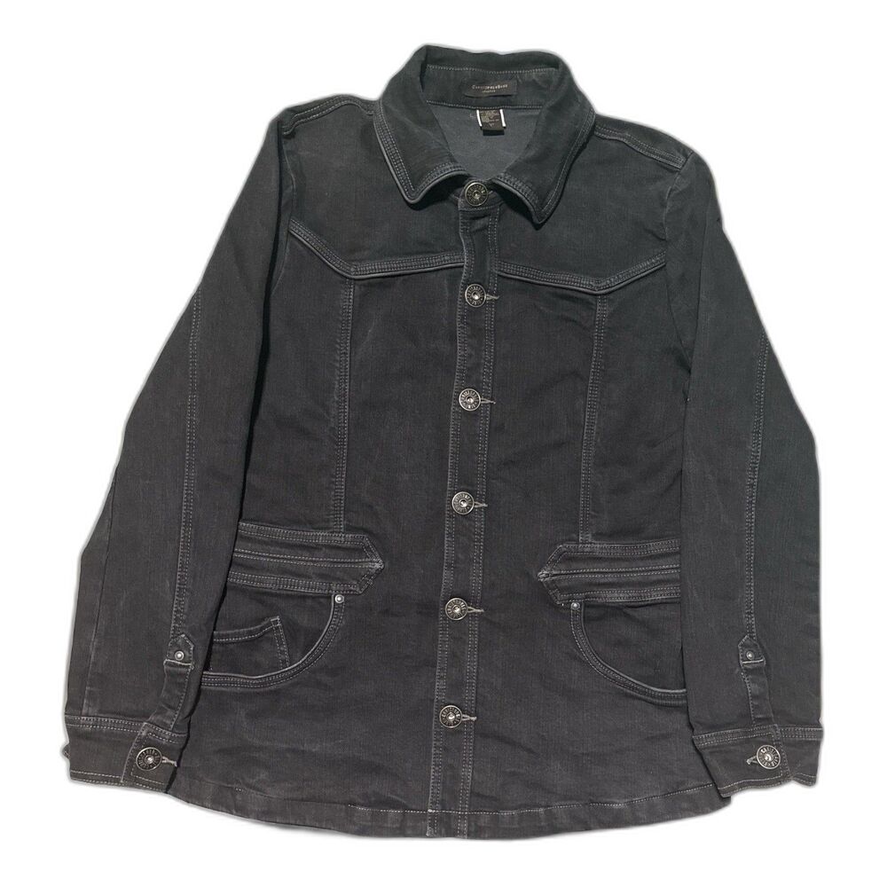 Christopher Blue Women’s Black Stretch Denim Jacket Size L Longline Button